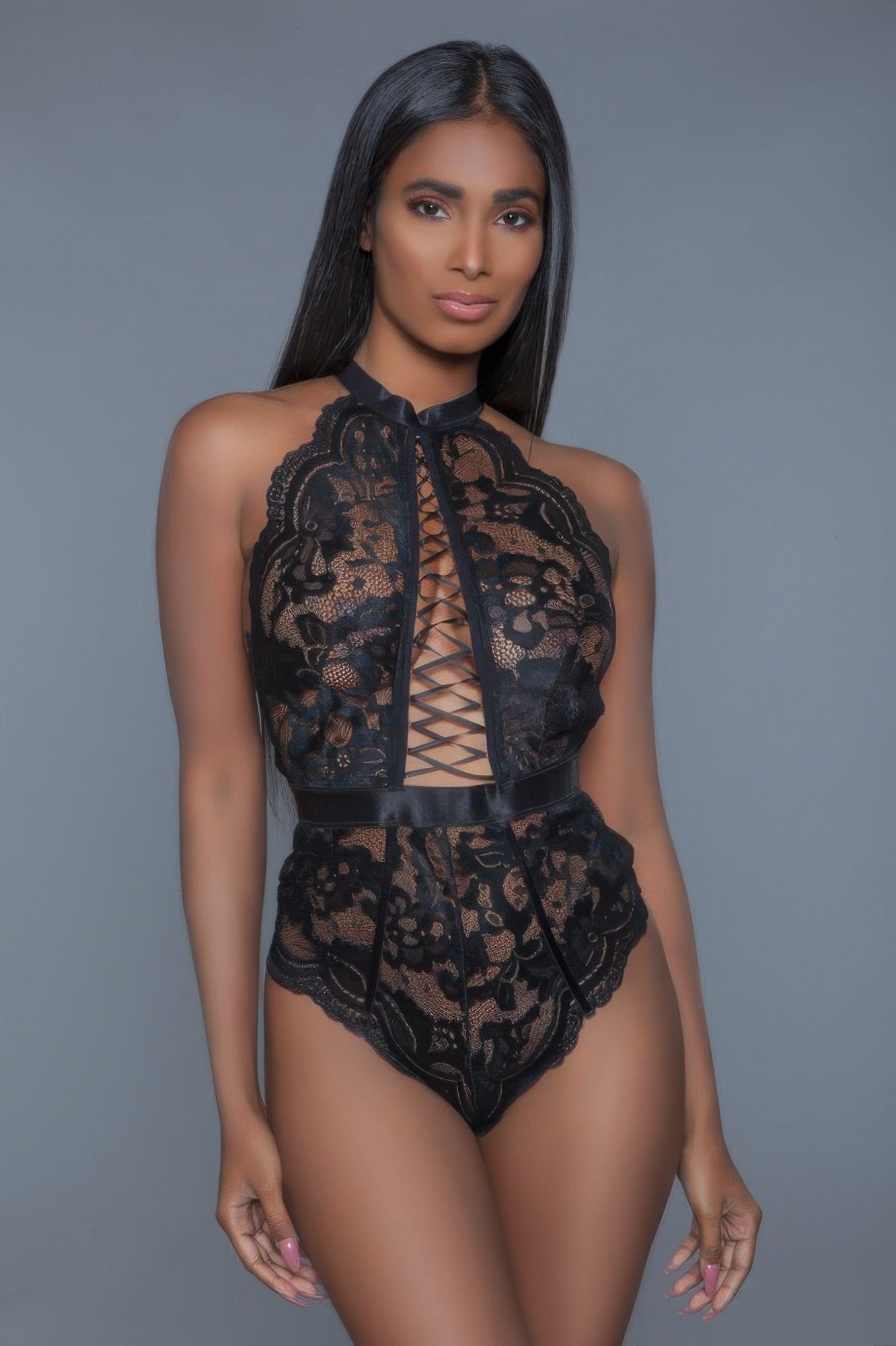 Lace Plunge Bodysuit with Scalloped Trim